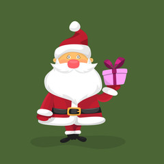 Vector illustration of funny Santa holding a present in his hand. Christmas greeting card or poster