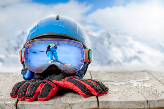 Colorful ski glasses and winter gloves,winter sport concept