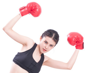 Boxer - fitness woman boxing wearing boxing gloves on white background.