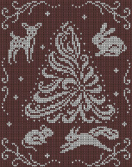 Seamless knitted background - christmas tree, rabbit, squirrel, mouse, deer. Jacquard pattern. Vector illustration.