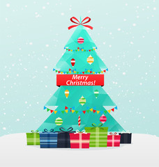 Christmas tree with gifts on a snowy background. New Year card.