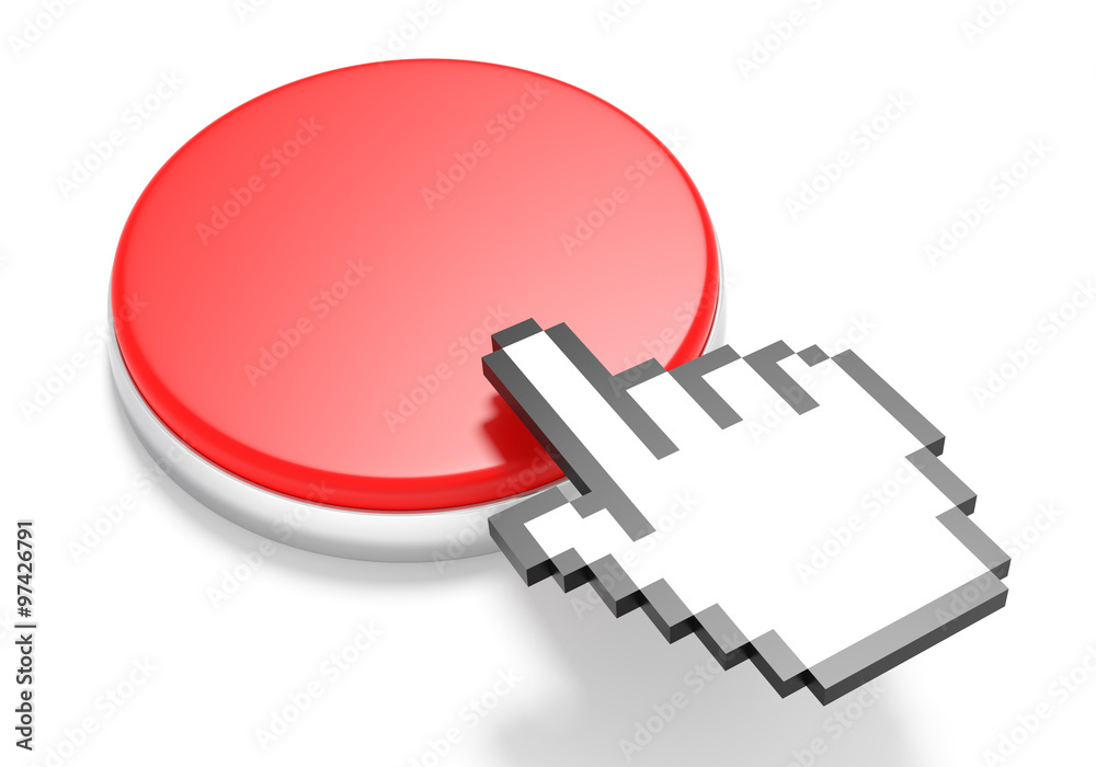 Poster red button with hand cursor. 3d rendering