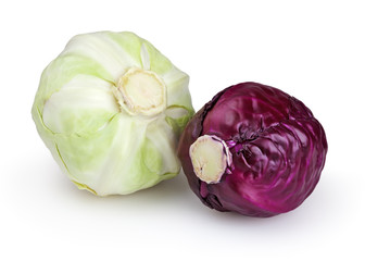 Obraz premium Red and green cabbages isolated on white background with clipping path