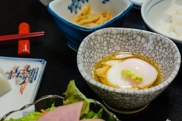 Onsen eggs served on the table