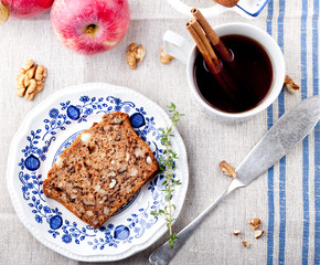 Apple, walnut cake, loaf, bread with fresh apples 