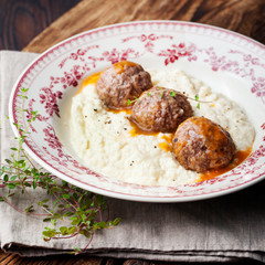 Meatballs, duck meat, with apple sauce and mashed celery, potato