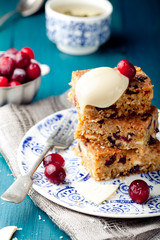 White chocolate cake, blondie, brownie with cranberry and coconut 