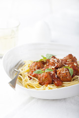 Meatballs in tomato sauce and fresh basil with spaghetti 