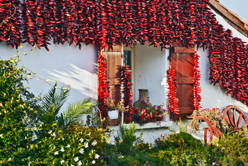 Red Espelette peppers decorating Basque house