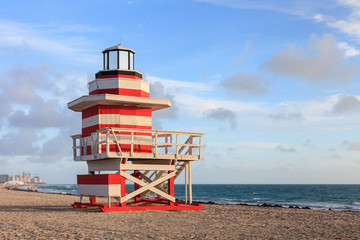 Fototapeta premium Miami Beach Lifeguard Station. A lifeguard station on South Beach, Miami in Florida, USA.
