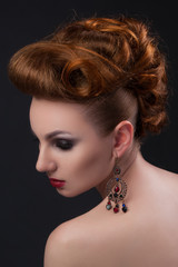 Close-up portrait, girl in vintage, shabby chic, retro style and white dresses on a black background