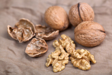 Walnut without shell close-up, and nuts in the shell