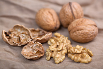 Walnut without shell close-up, and nuts in the shell