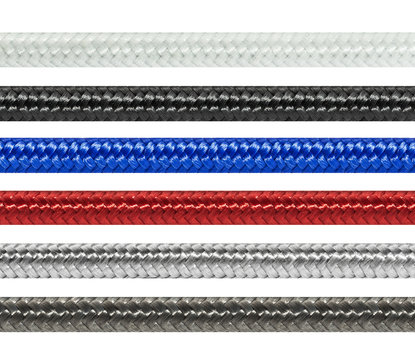 Set braided textile cables (white, black, blue, red, silver, graphite),  isolated on white background
