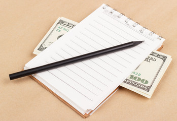 paper money with notepad and pencil