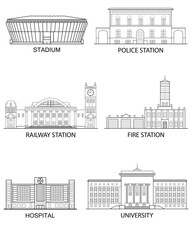 Thin line flat design. Set of isolated historical and modern buildings on a white background in a linear style. Vector illustration