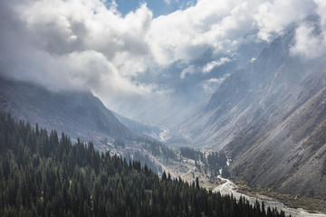 The panorama of mountain landscape of Ala-Archa gorge in the sum