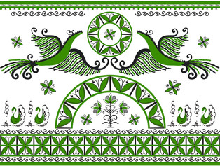 Set with decorative elements of cosmogonic traditional folk art of northern region of Russia. Mezensky green firebird. Illustration, vector