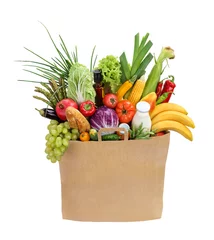Foto op Plexiglas Zak vol gezonde voeding / studiofotografie van bruine boodschappentas met fruit, groenten, brood, gebottelde dranken - geïsoleerd op witte achtergrond. Product met hoge resolutie © Romario Ien