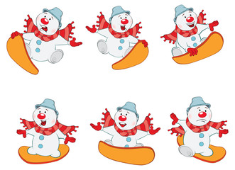 Cartoon Illustration of a Funny Christmas Snowman for you Design. Snowboarding. Cartoon Character