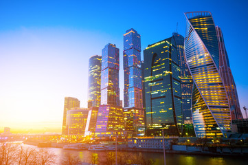 Moscow City business center at sunset