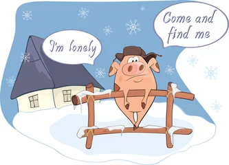 Gordijnen Illustration of a Little pig and a Christmas night © liusa