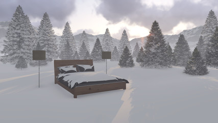 Bed covered with snow surrounded by nature and mountains