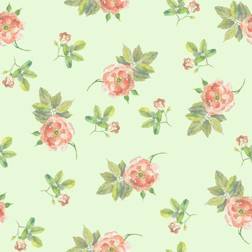 Seamless repeated vintage template with small flowers roses on pastel green background © zzorik