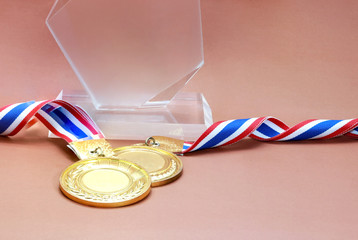 glass trophy with old gold medal in brown background, blank face