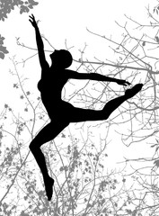 Double exposure of dancer silhouette and autumn tree branches mo
