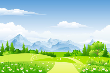 Obraz premium Summer landscape with meadows and mountains