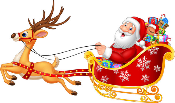 Cartoon funny Santa in his Christmas sled being pulled by reindeer 