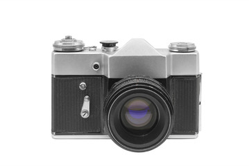 Old film camera with lens, isolated on white background