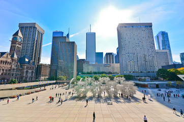 View of Toronto skyline and Nathan Phillips Square in Toronto
