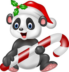 Cute baby panda holding Christmas candy