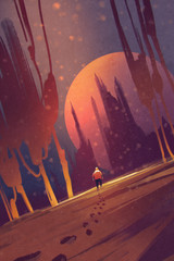 Fototapeta premium man walking in unusual landscape,illustration painting