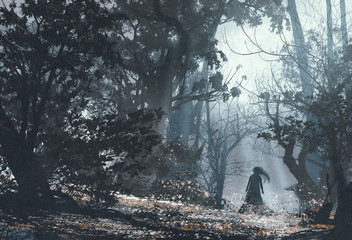 Fototapeta premium woman in mysterious dark forest,illustration painting