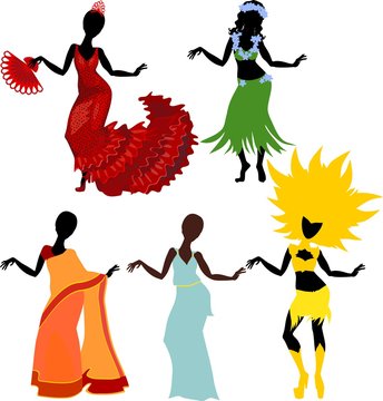 silhouette of girl and various dance costumes