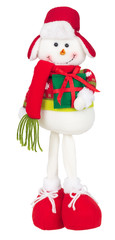 Christmas snowman holds a gift in their hands