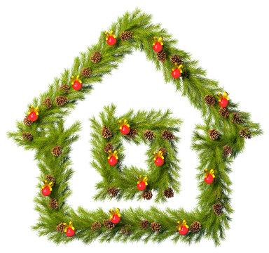 Christmas wreath in the shape of house isolated on white