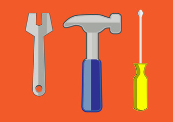 Spanner, hammer and screwdriver, isolated vector