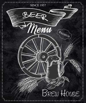 vector hand drawn chalkboard with beer menu. Contains wheel, beer mug, crayfish and ears of wheat