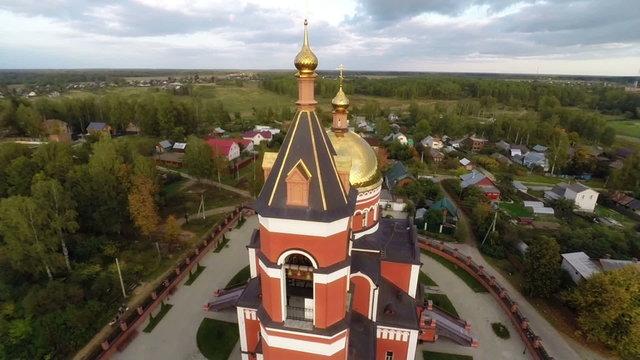 Flying around the church of the Holy Trinity in Karabanovo, Russia