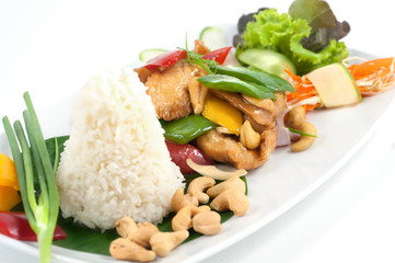 Fried chicken with cashew nuts and paprica isolated on white