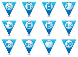 Blue triangular map pointers with car service and gas station icons. Vector illustration
