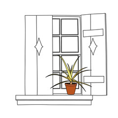 Vintage window with blooming flowers in pot on white background
