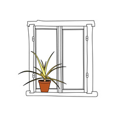 Vintage window with blooming flowers in pot on white background
