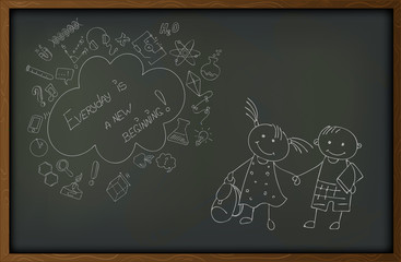 The background image in the form of a school blackboard with chalk stains and drawings on the theme of the beginning of the school year and education