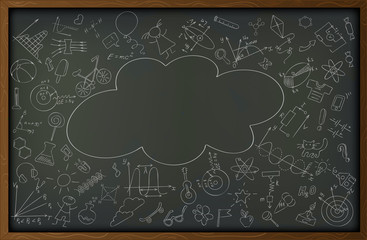 The background image in the form of a school blackboard with chalk stains and drawings on the theme of the beginning of the school year and education