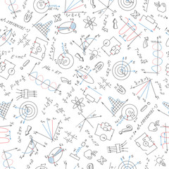 Seamless pattern with formulas,graphs, and equipment as the subject of physics with colored markers on white background